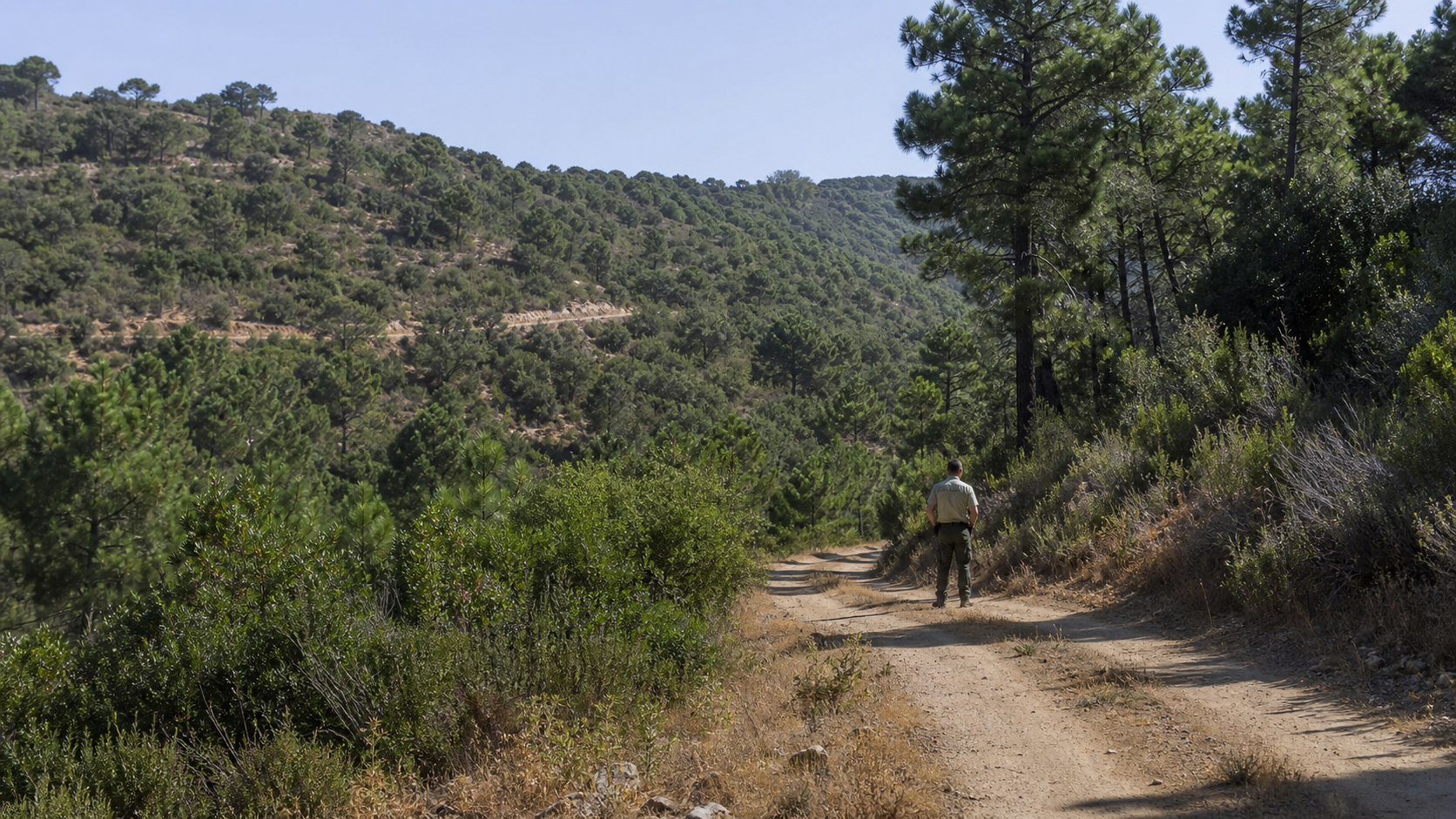 Monte público andaluz con pista forestal y agente medioambiental inspeccionando el terreno