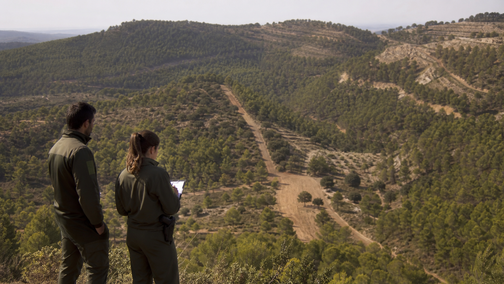 Dos agentes medioambientales observan un monte público andaluz desde una ladera