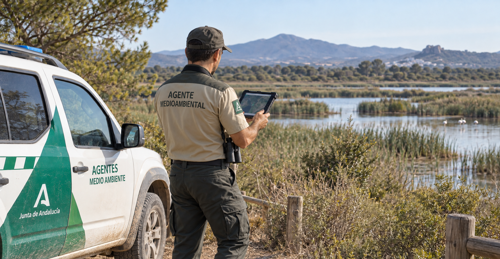 Agente Medioambiental de Andalucía consulta datos de seguimiento de fauna junto a un humedal