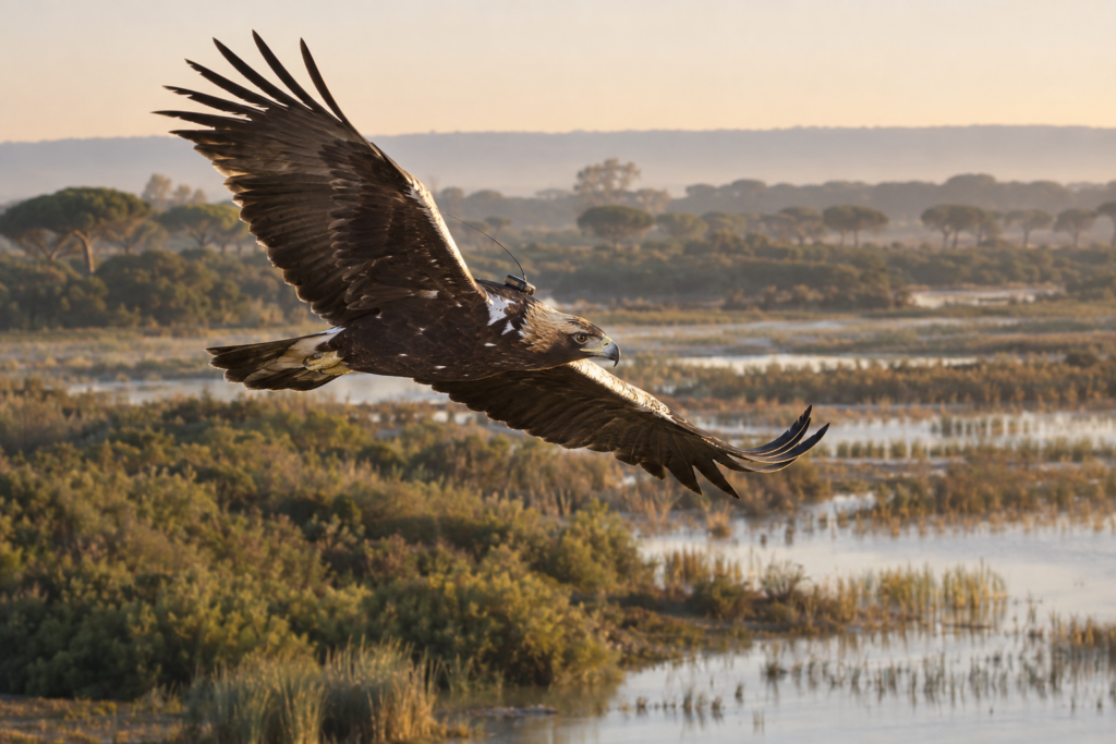 Águila imperial ibérica con emisor GPS sobre un humedal andaluz