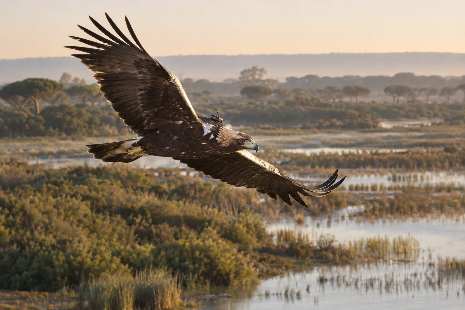 Águila imperial ibérica con emisor GPS sobre un humedal andaluz