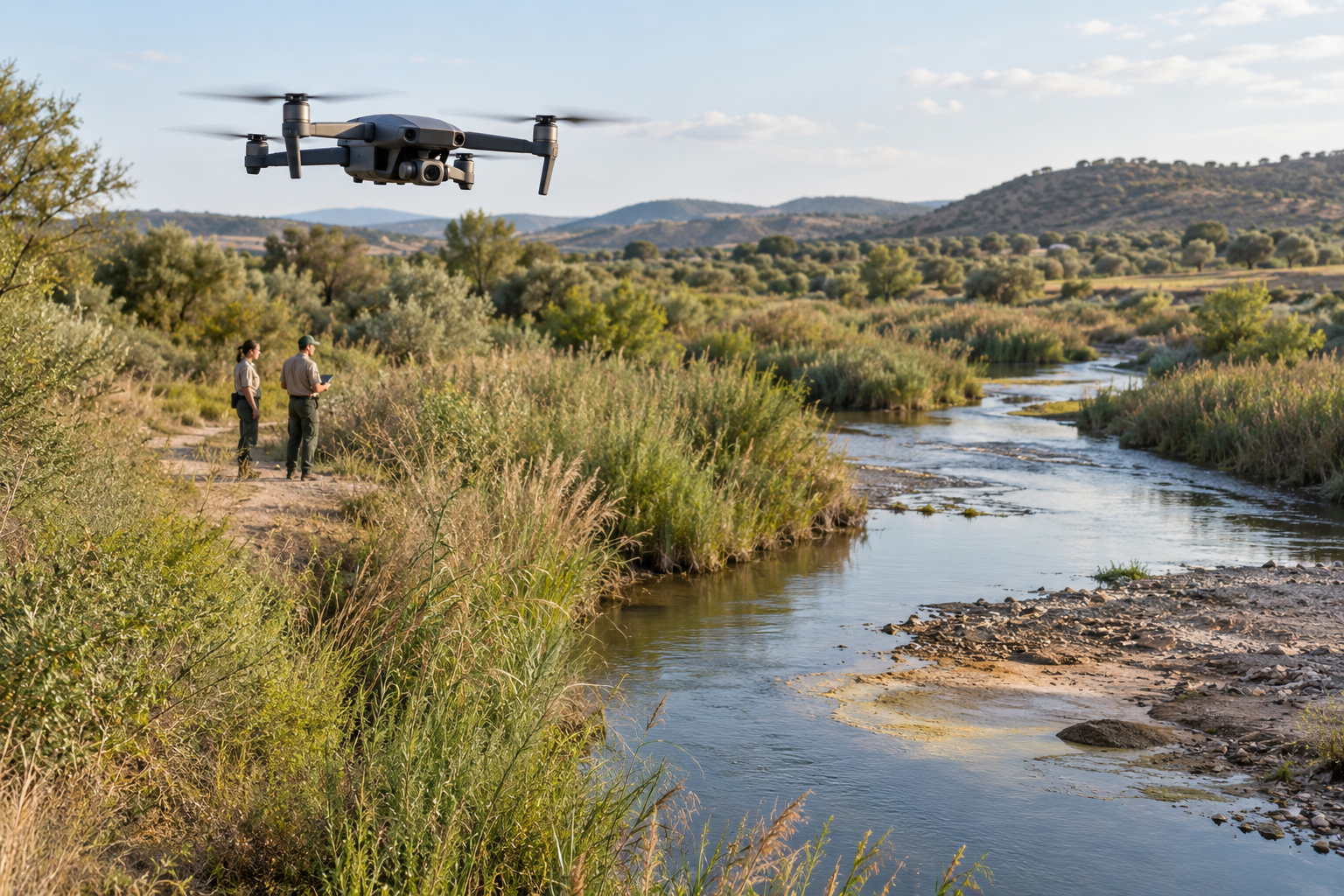 Dron y Agentes Medioambientales durante una inspección de ribera en Andalucía