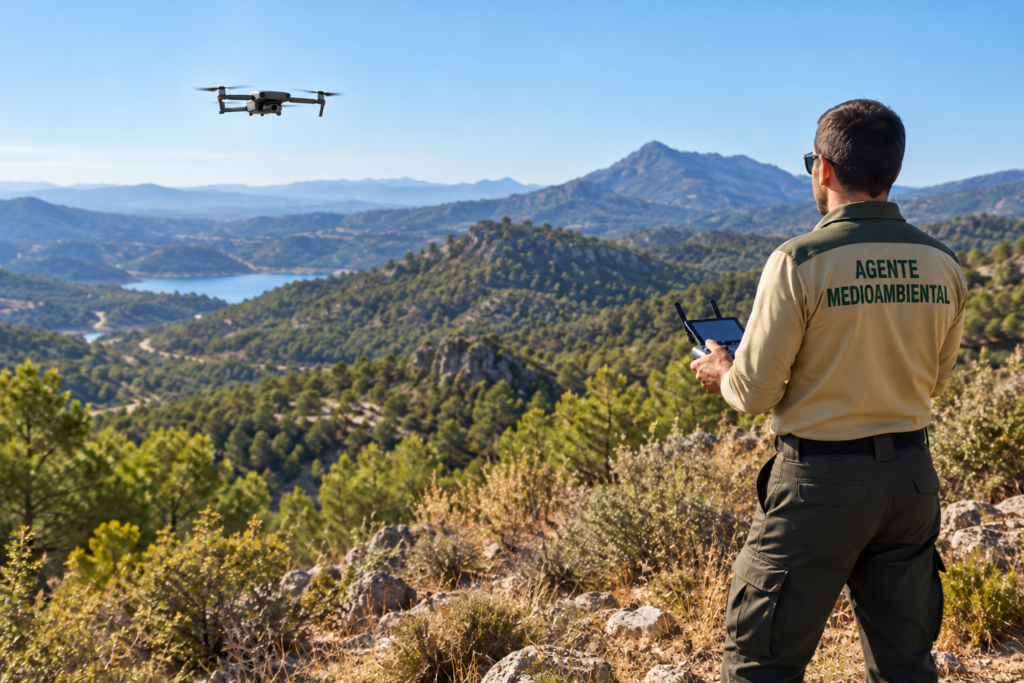 Agente Medioambiental de Andalucía opera un dron sobre un paisaje forestal mediterráneo