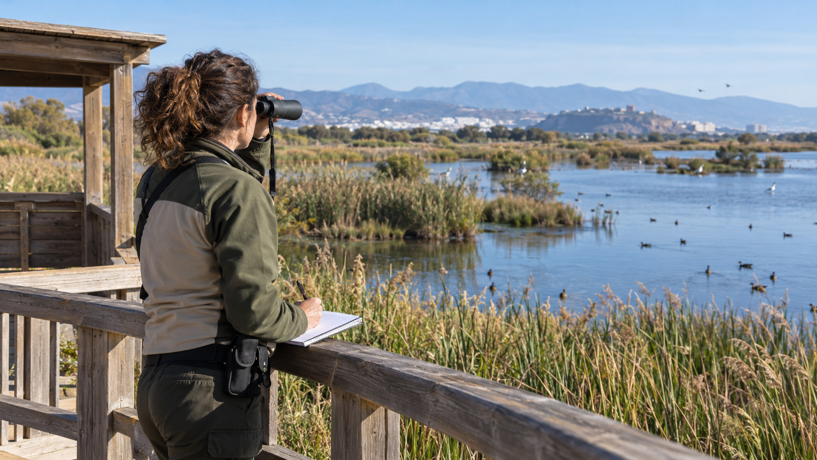 Agente de Medio Ambiente de Andalucía realiza seguimiento de aves en un humedal