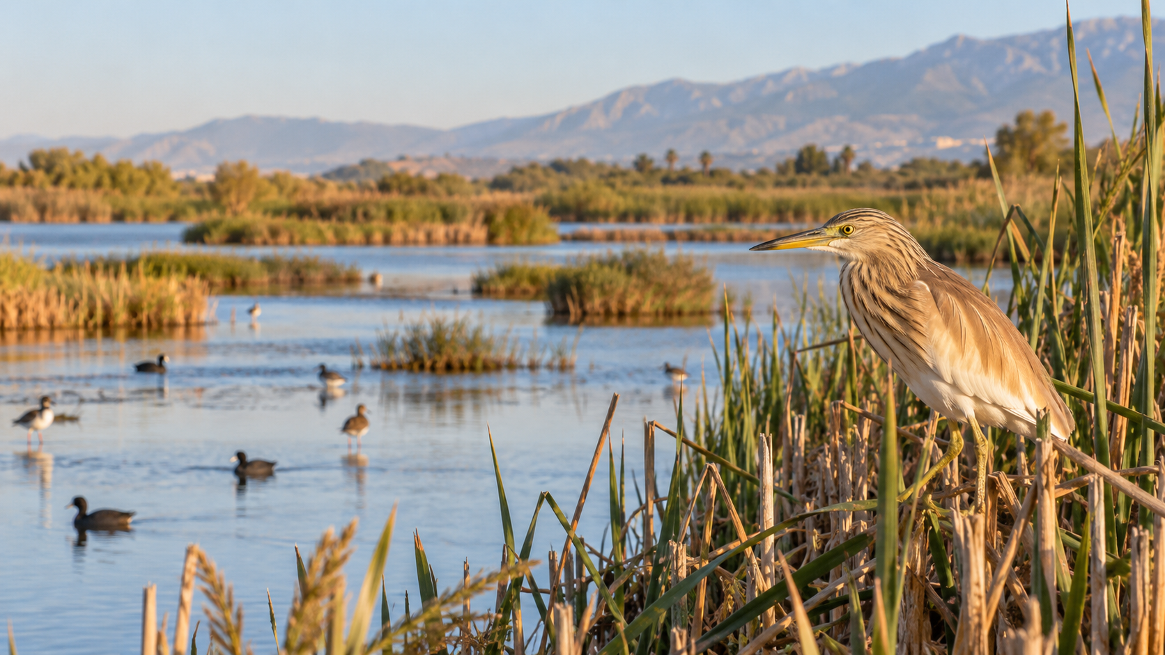 Garcilla cangrejera entre carrizos y lagunas de la Charca de Suárez en Motril