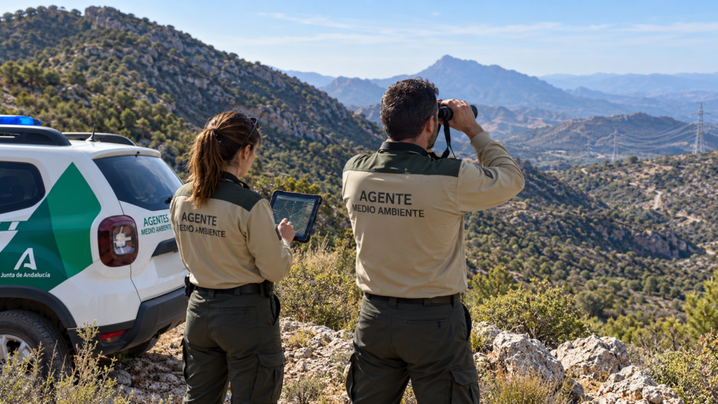 Dos Agentes de Medio Ambiente de Andalucía realizan seguimiento de águilas imperiales con prismáticos y GPS