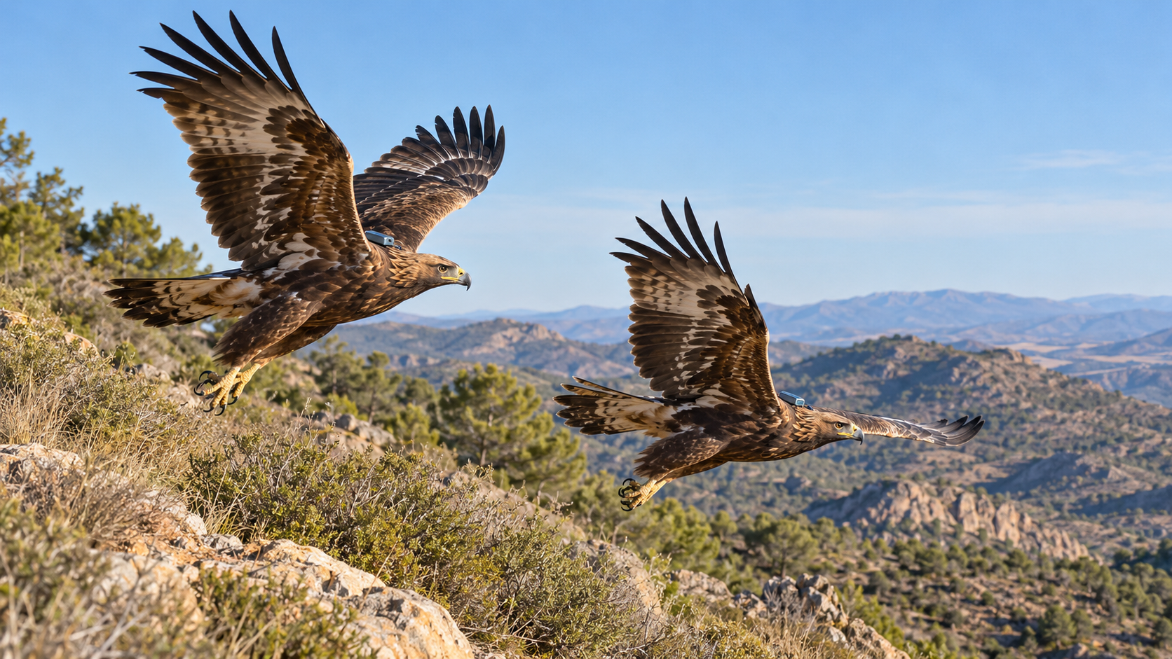 Dos águilas imperiales ibéricas juveniles con emisores GPS vuelan sobre la Sierra de Oria en Almería