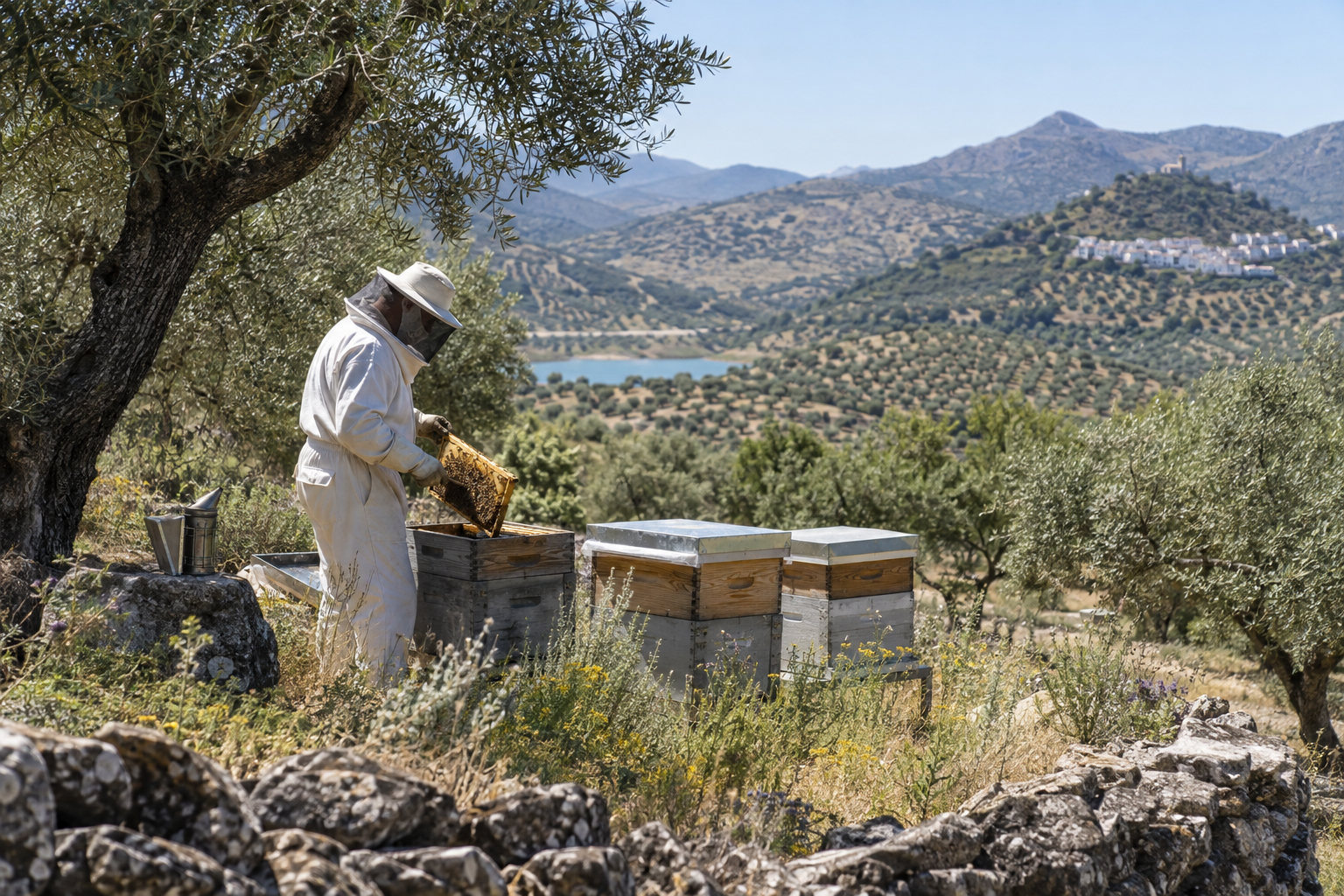 Apicultor revisando colmenas en un paisaje de olivar andaluz