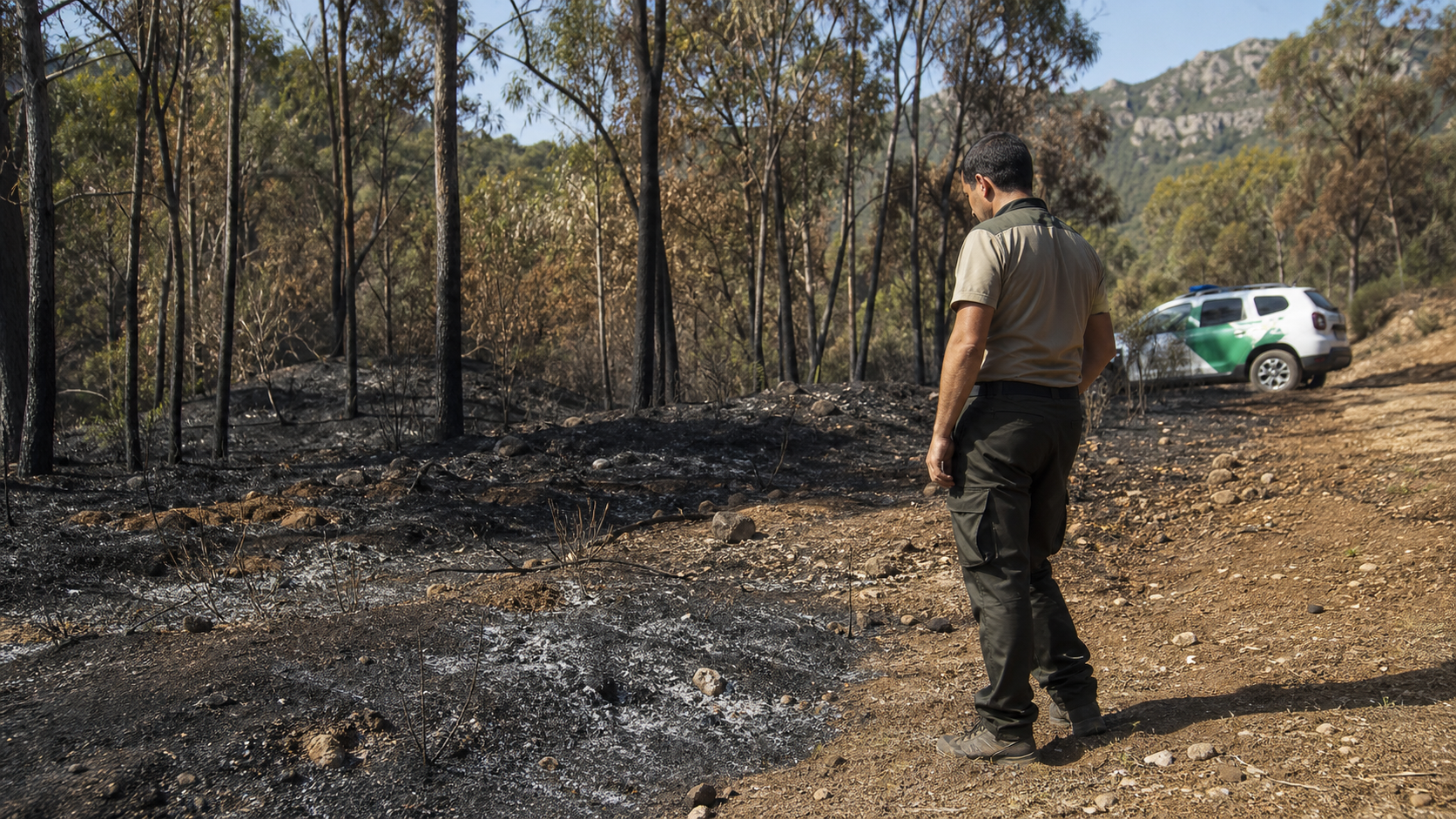 Agente de Medio Ambiente investiga el origen de un incendio forestal