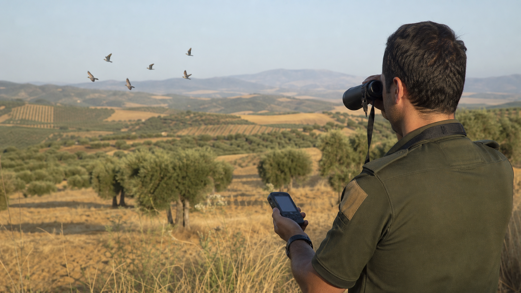 Agente medioambiental observa aves en un paisaje rural andaluz