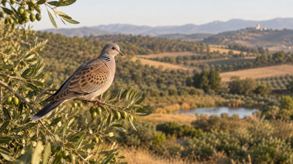 Tórtola europea posada en un olivo dentro de un paisaje agrario de Andalucía