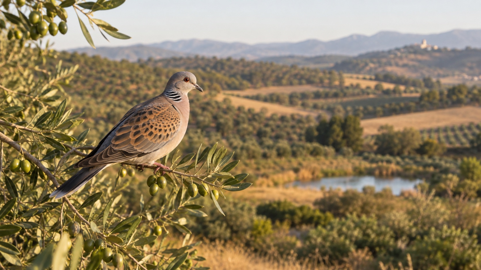 Tórtola europea posada en un olivo dentro de un paisaje agrario de Andalucía